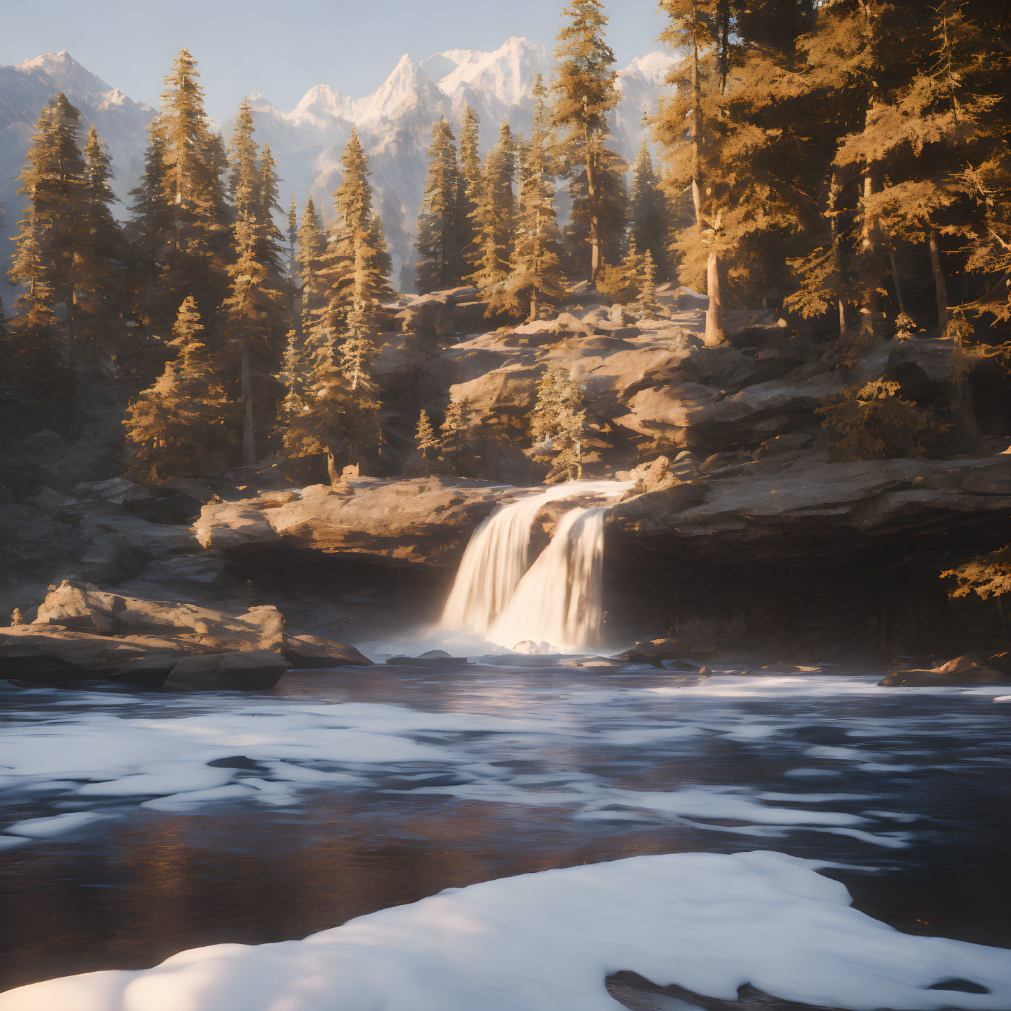 Tranquil waterfall in pine forest at sunrise