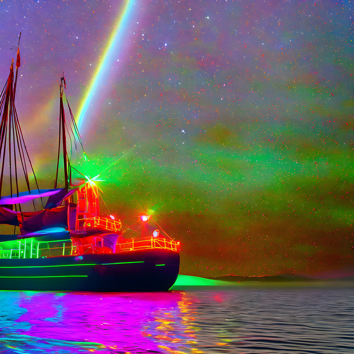 Colorful aurora borealis over sailboat on calm sea.