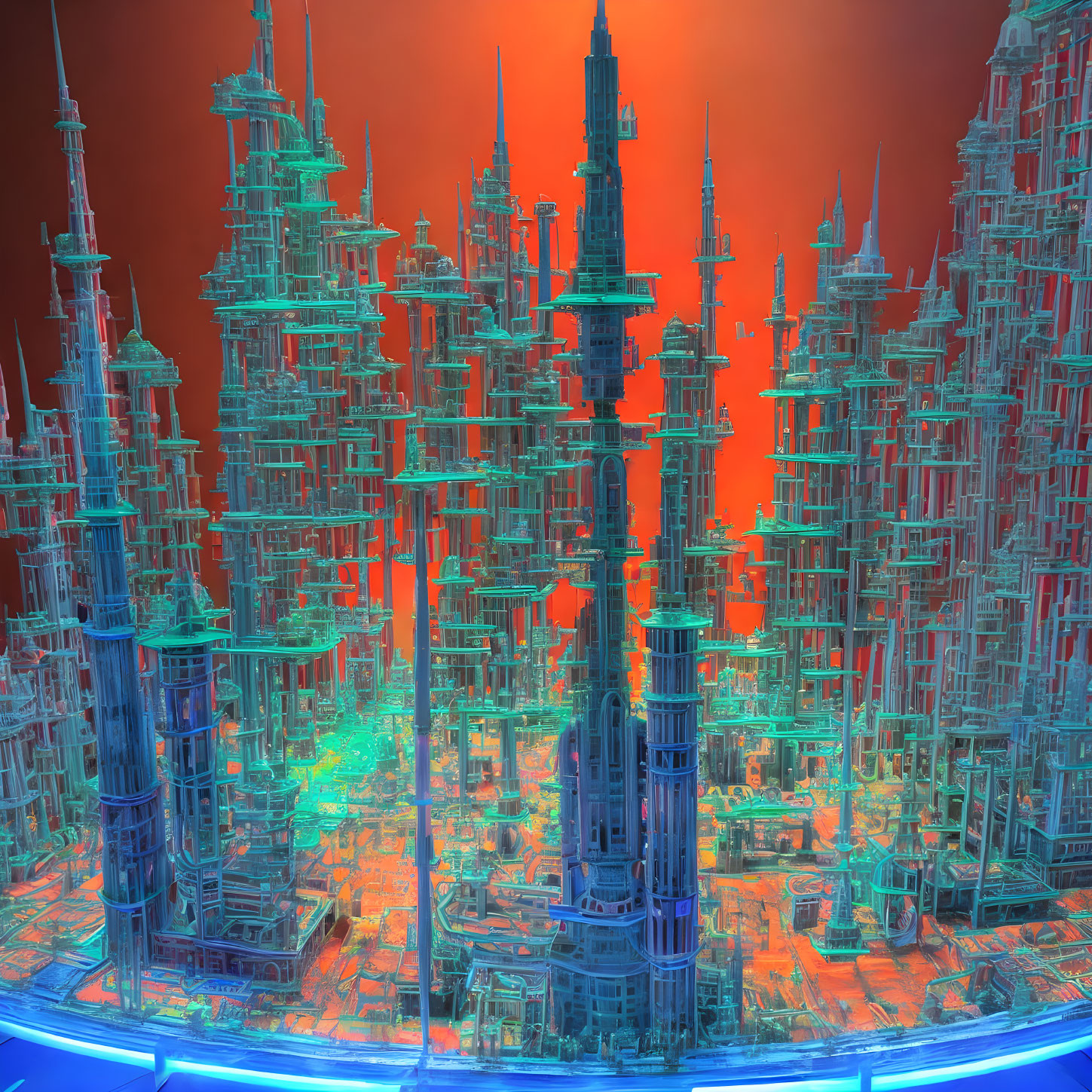 Futuristic cityscape with intricate skyscrapers in blue and orange hues