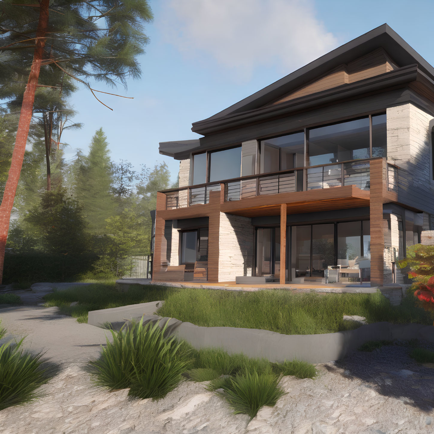 Spacious two-story house with large windows, wooden and stone exterior, nestled in a pine tree landscape