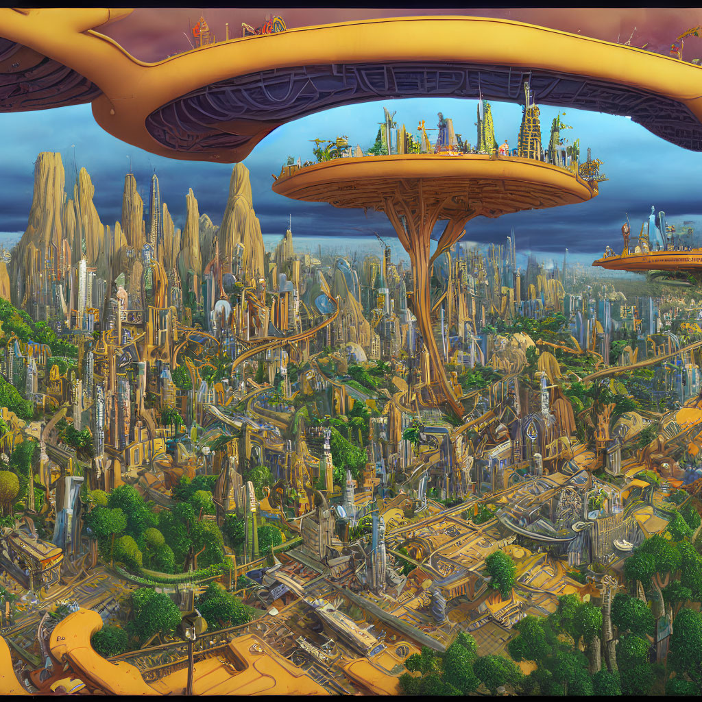 Futuristic cityscape with towering spires and mushroom-shaped structure