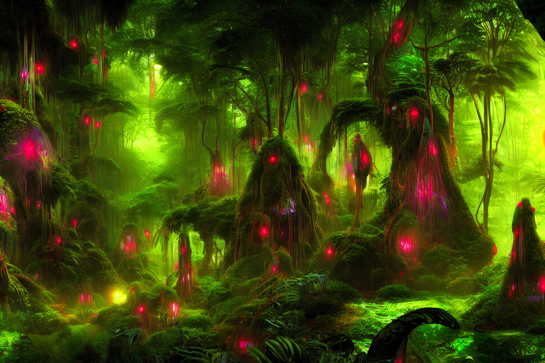 Vibrant green mystical forest with pink glowing lights and ethereal fog