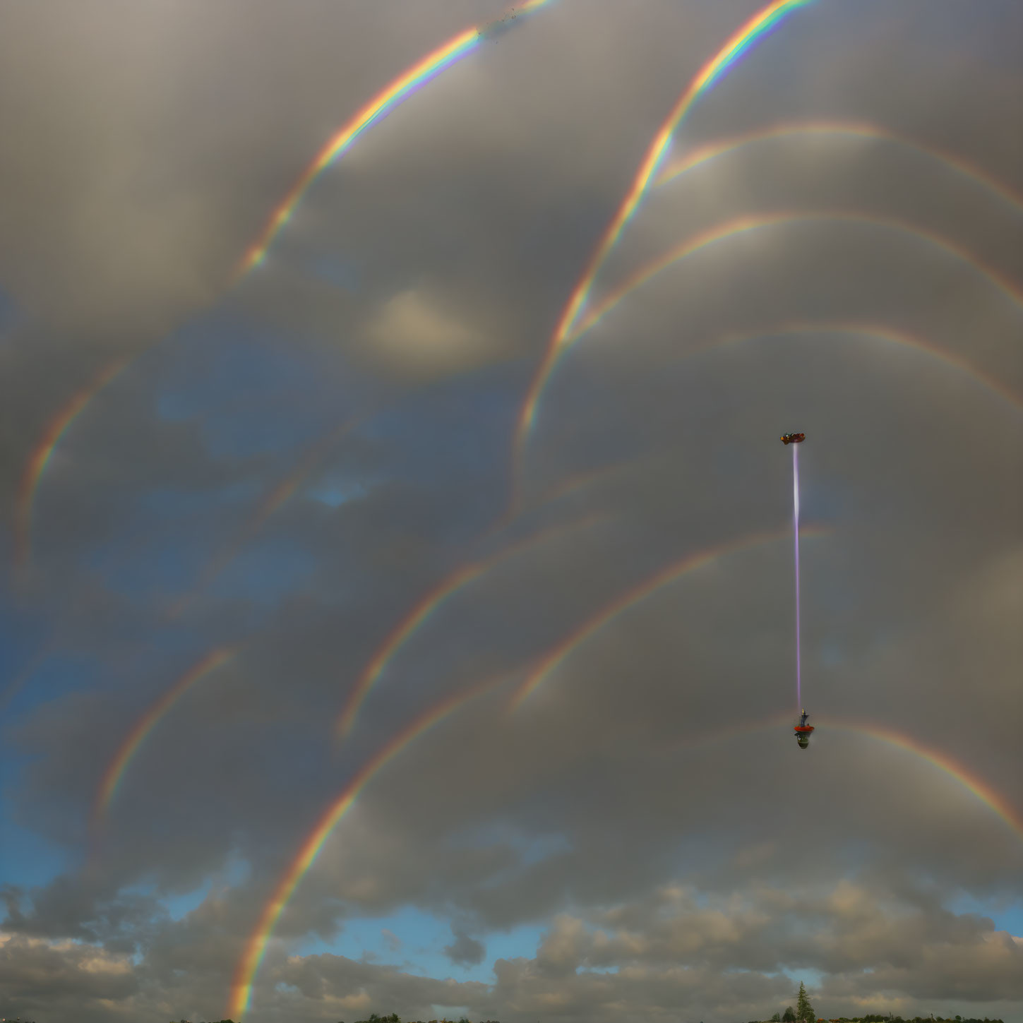 Digitally altered image of rainbow arches with crane hook.