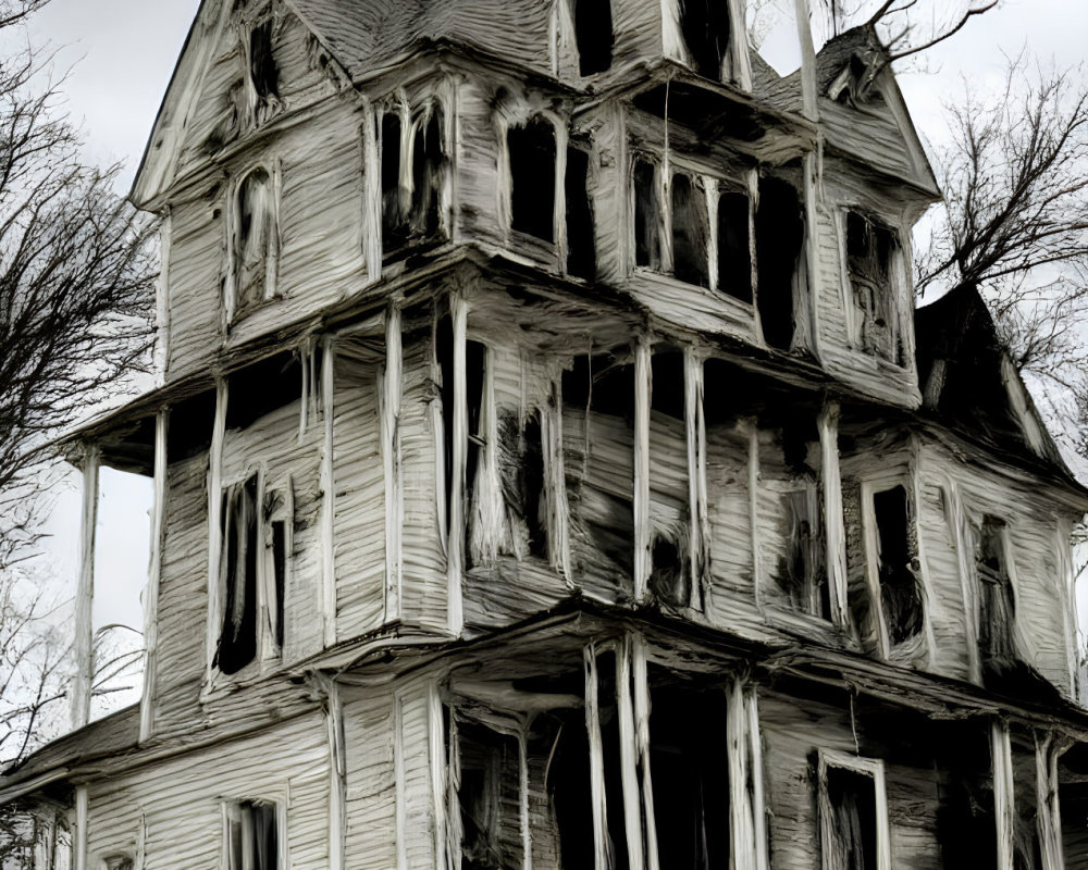 Weathered Three-Story Victorian House with Boarded-Up Windows