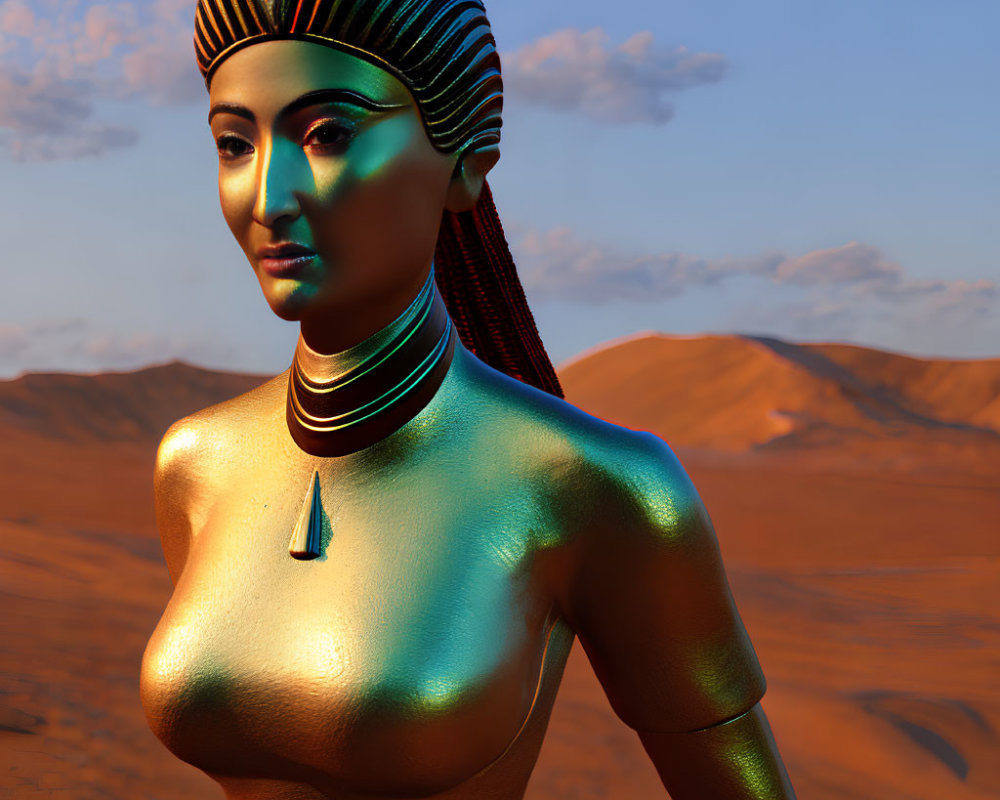 Golden female figure with Egyptian headdress in desert landscape.