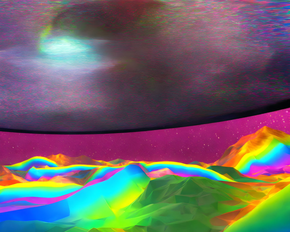 Abstract cosmic sky with iridescent mountains: A stunning visual of a fantastical alien landscape