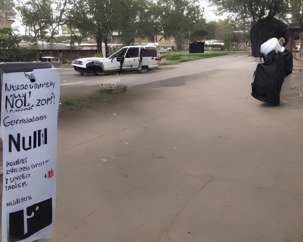 Pedestrian with large bag walks past signpost and parked car on sidewalk.