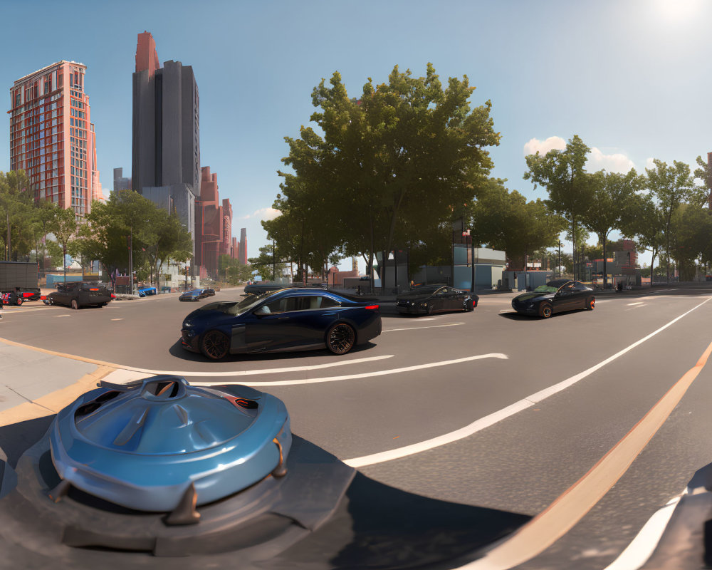 Sunny urban street with cars, trees, tall buildings under clear blue sky