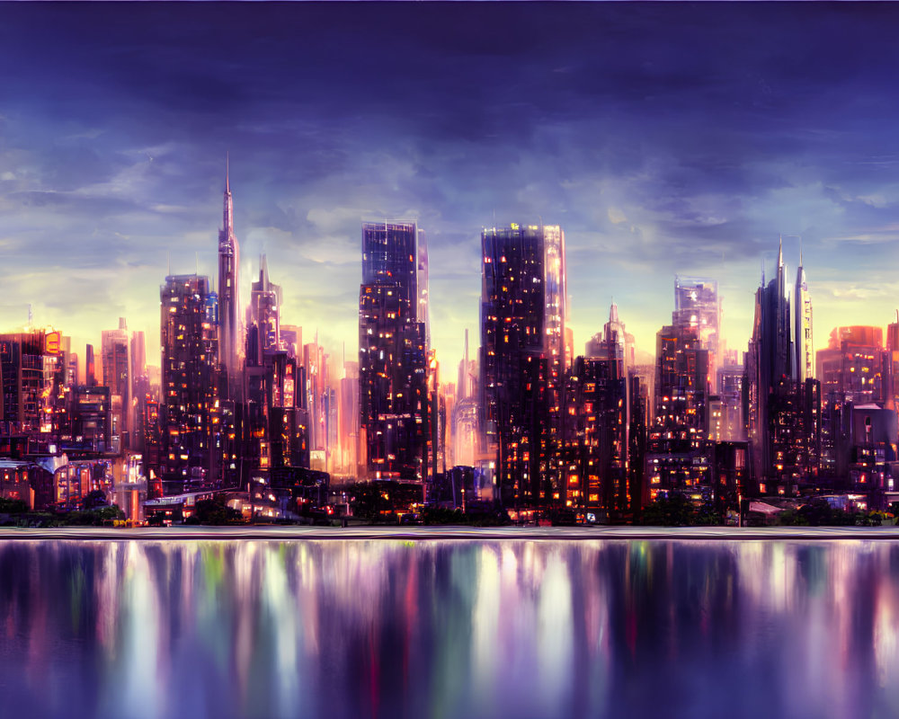 Twilight cityscape with illuminated skyscrapers reflecting on calm water