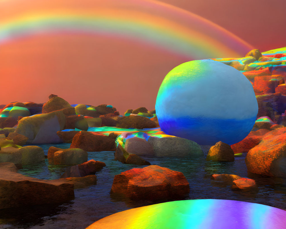 Colorful Rocks, Double Rainbow, Iridescent Sphere in Surreal Landscape