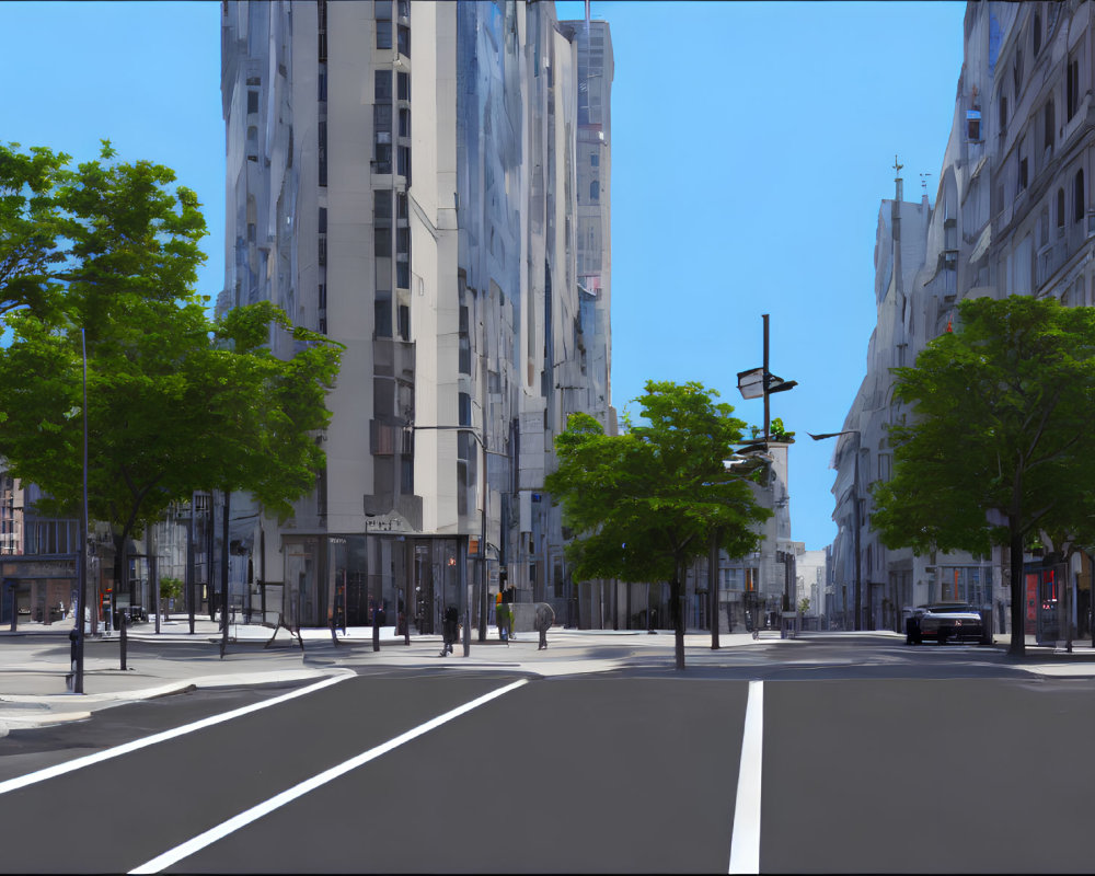 Urban street scene with modern and classical buildings, green trees, crosswalks, and minimal car traffic