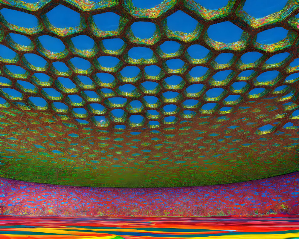 Colorful Psychedelic Interior with Honeycomb-Patterned Ceiling