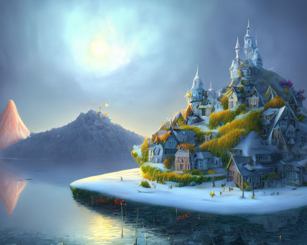 Fantasy landscape with illuminated castle on island, glowing sun, calm waters, distant volcano, vibrant vegetation