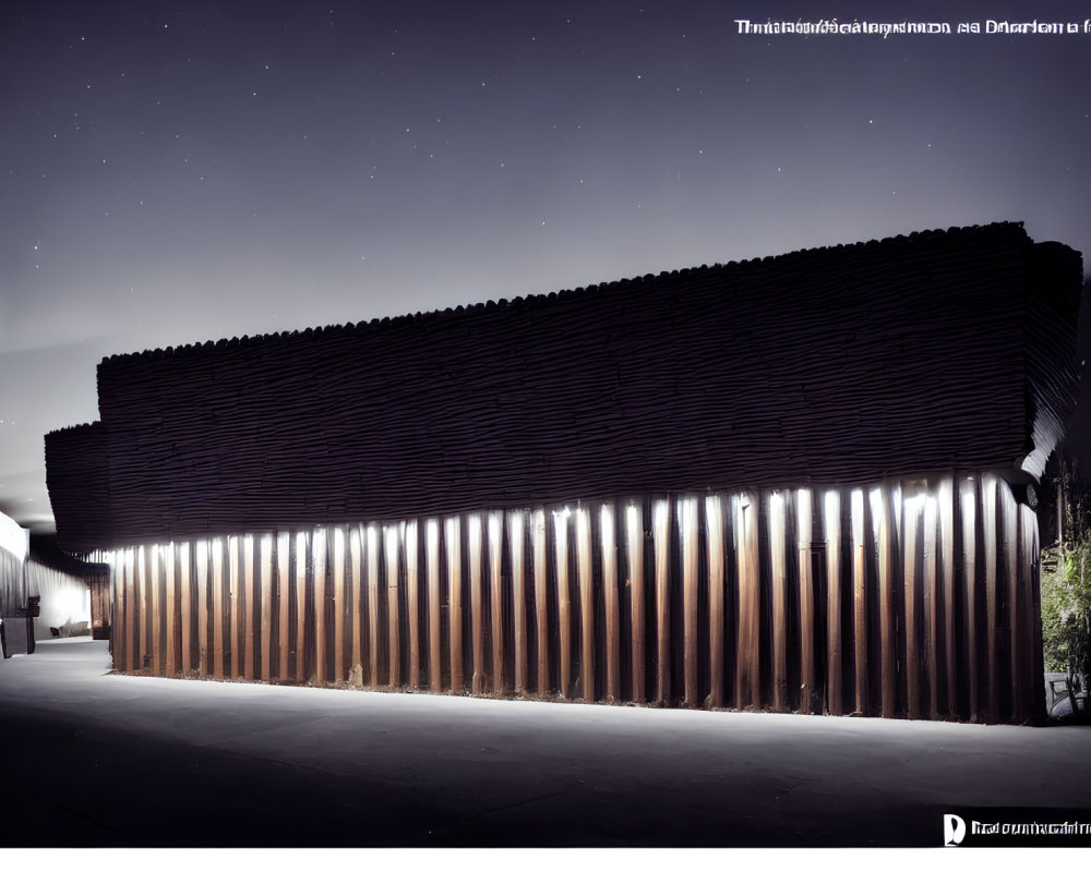 Modern building with ribbed facade and vertical lights under starry night sky