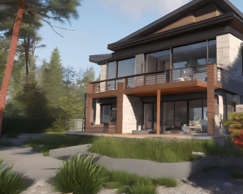 Spacious two-story house with large windows, wooden and stone exterior, nestled in a pine tree landscape