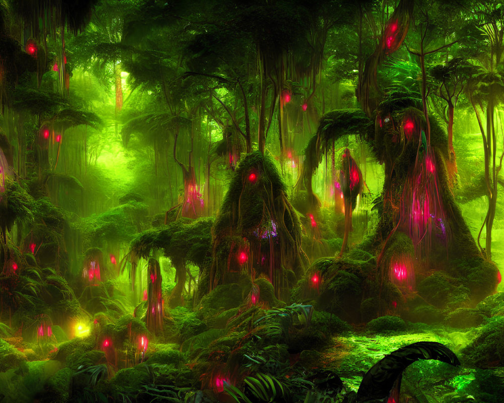 Vibrant green mystical forest with pink glowing lights and ethereal fog