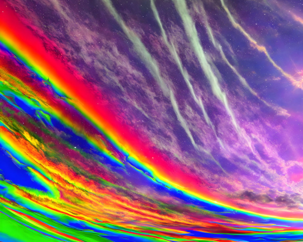 Digitally altered sky with exaggerated rainbow hues and swirling patterns