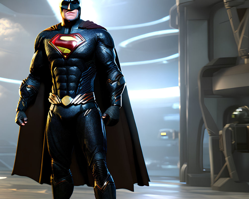 Futuristic Batman with Superman logo in digital art