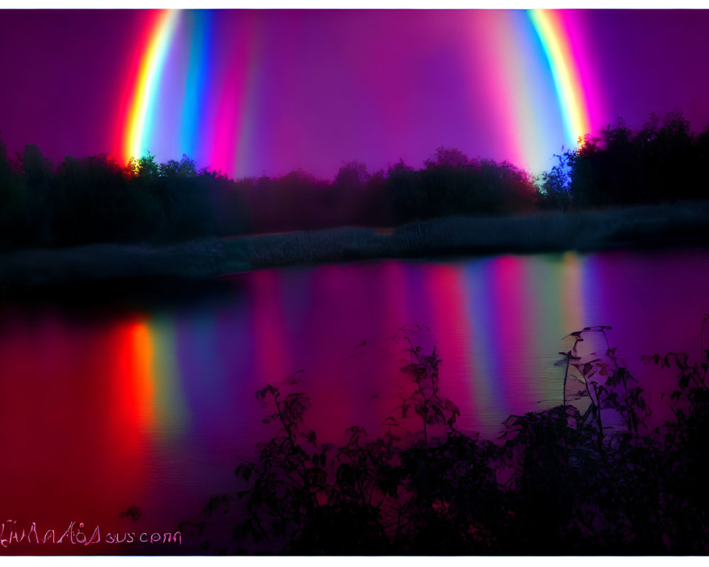 Nighttime scene: Colorful auroras over calm lake and silhouetted foliage