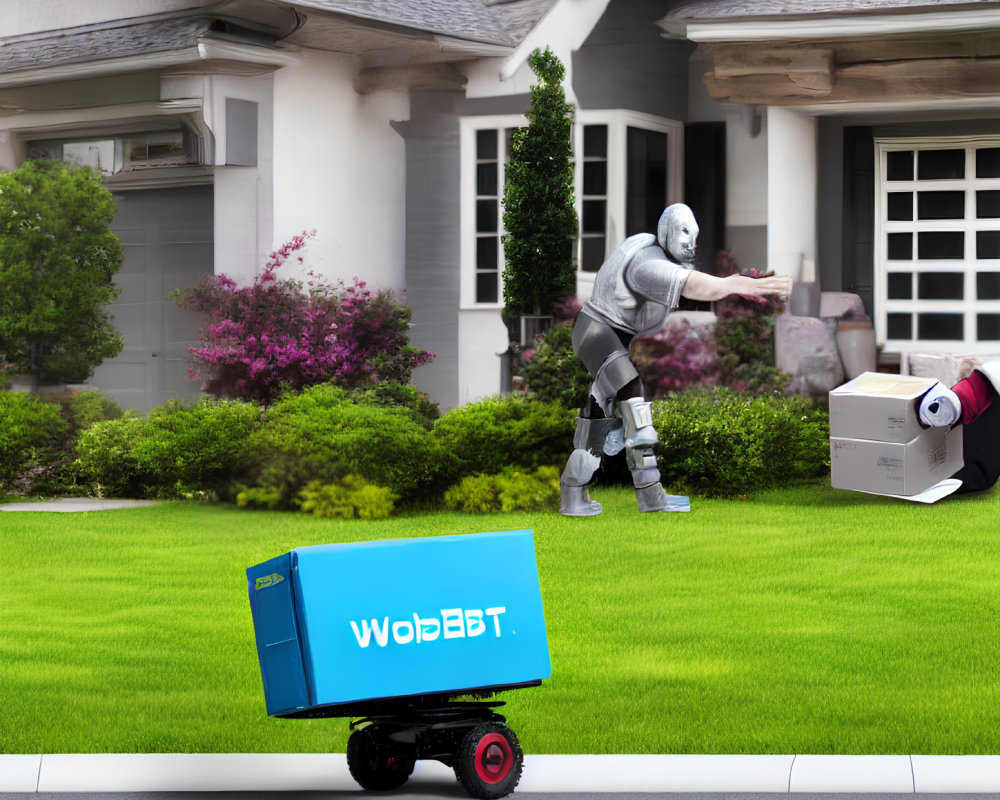 Humanoid robot delivering large blue "WobET" package in front of residential home