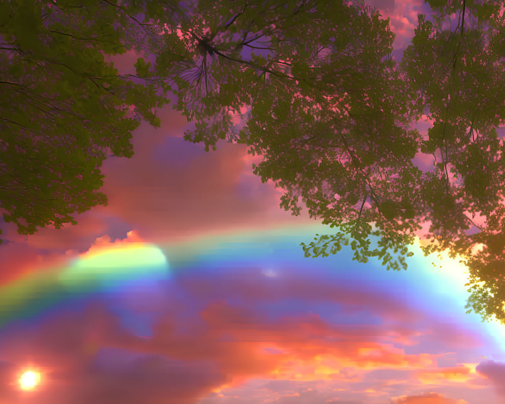 Colorful sunset sky with rainbow and tree silhouettes