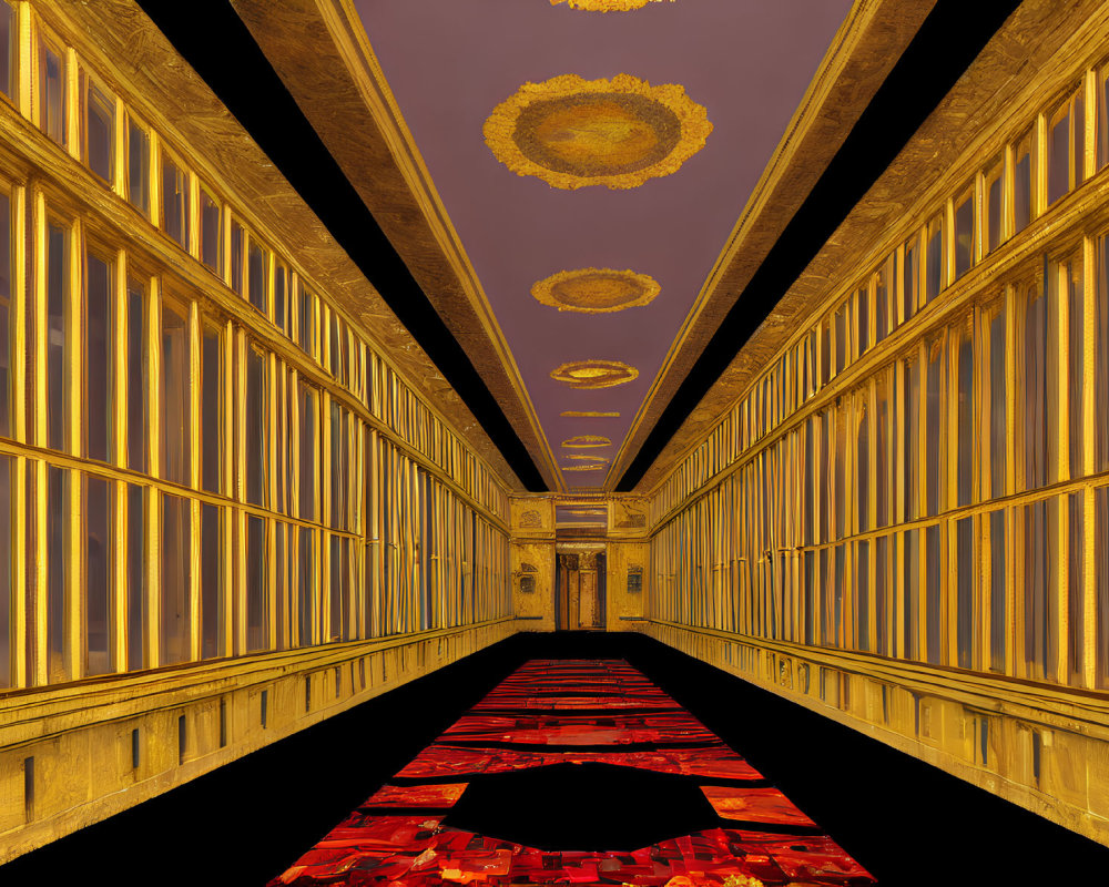 Luxurious Golden Hallway with Ornate Ceiling and Red Carpet