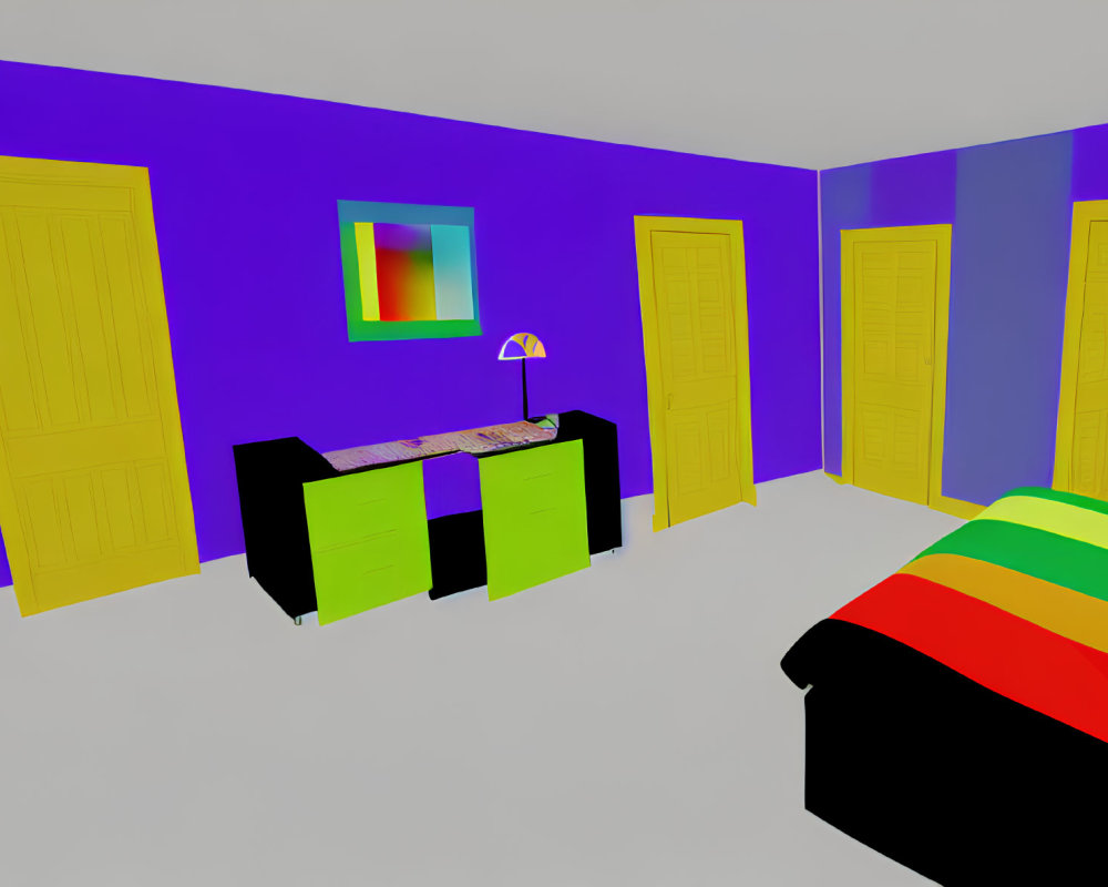 Colorful 3D Rendered Room with Purple Walls and Multicolored Bed