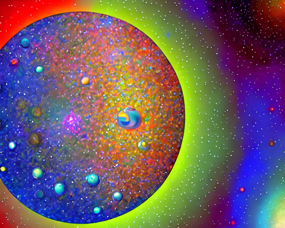 Colorful Abstract Cosmic Scene with Large Sphere and Starry Background