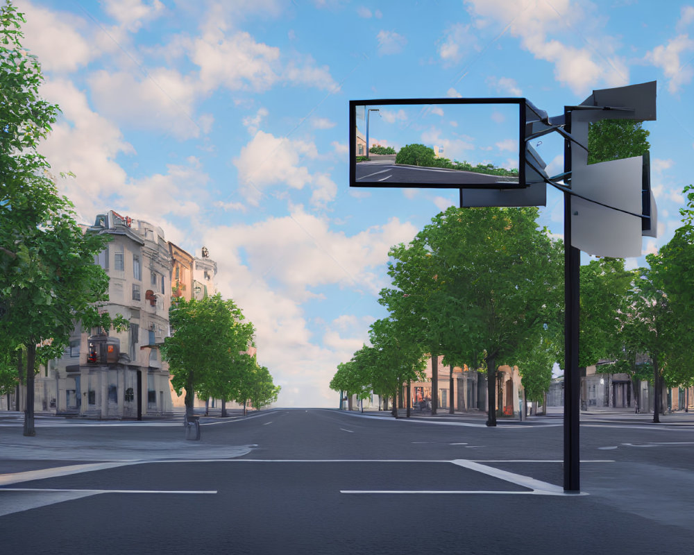 Tree-lined city street with traffic light and empty crosswalk under clear blue sky