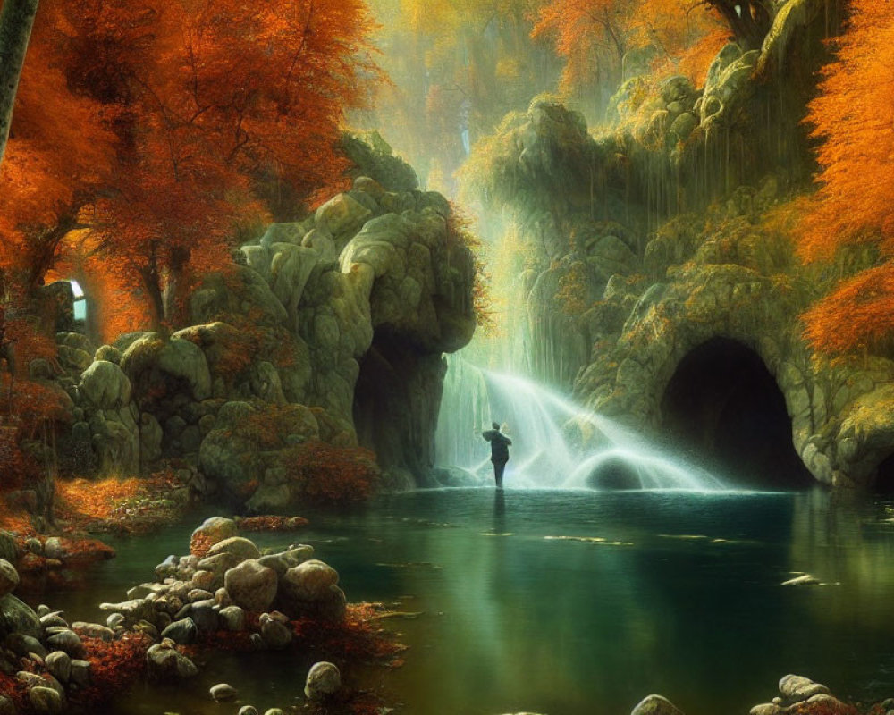 Tranquil autumn river scene with person, waterfall, orange foliage