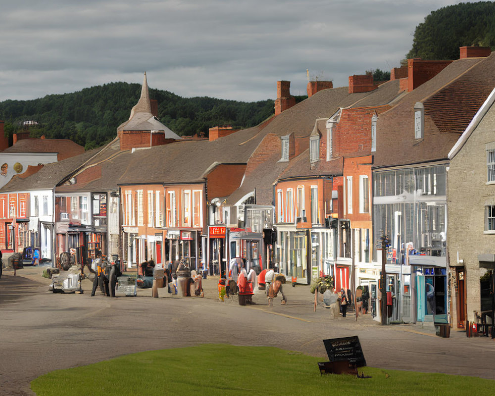 Quaint town street with red-brick buildings and shops under clear sky