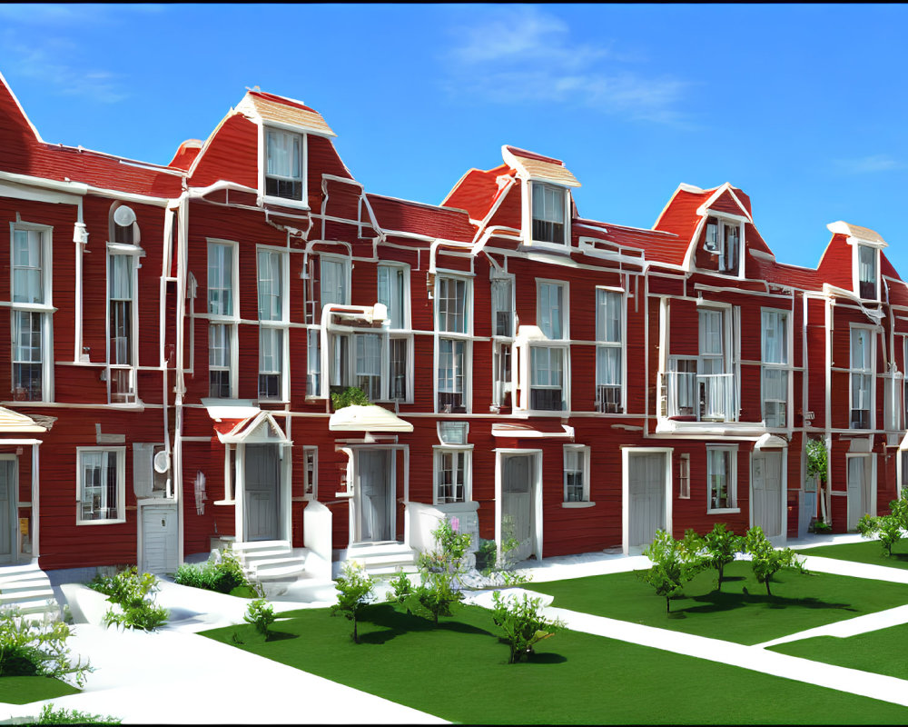 Red Brick Townhouses with Gabled Roofs and Balconies