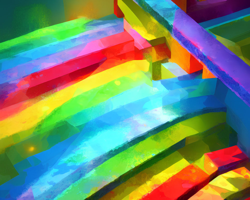 Colorful Abstract Digital Artwork: Multi-Hued Staircase with Light and Shadow Effects