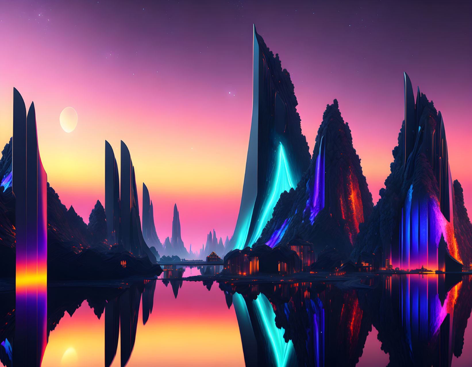 Futuristic landscape with neon-lit mountains and starry sky