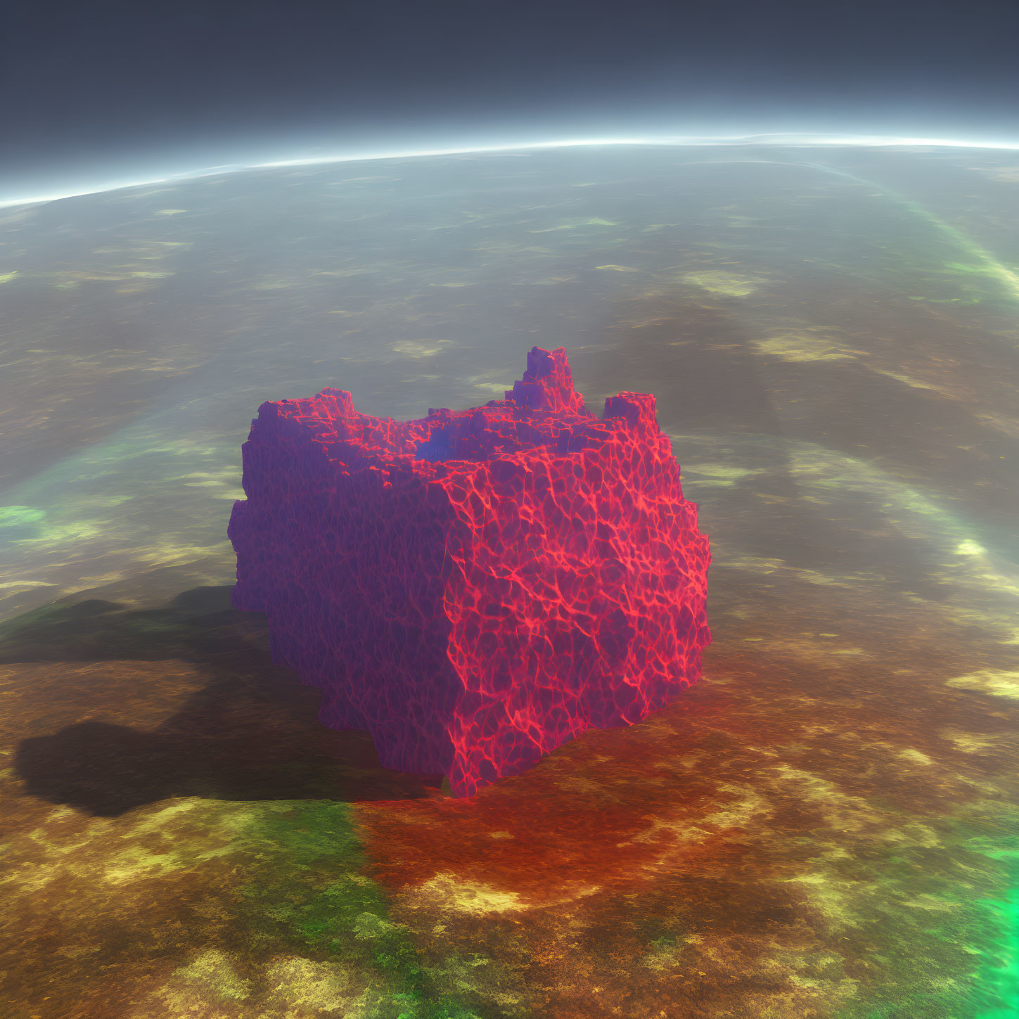 Glowing red cube hovers over textured planetary landscape