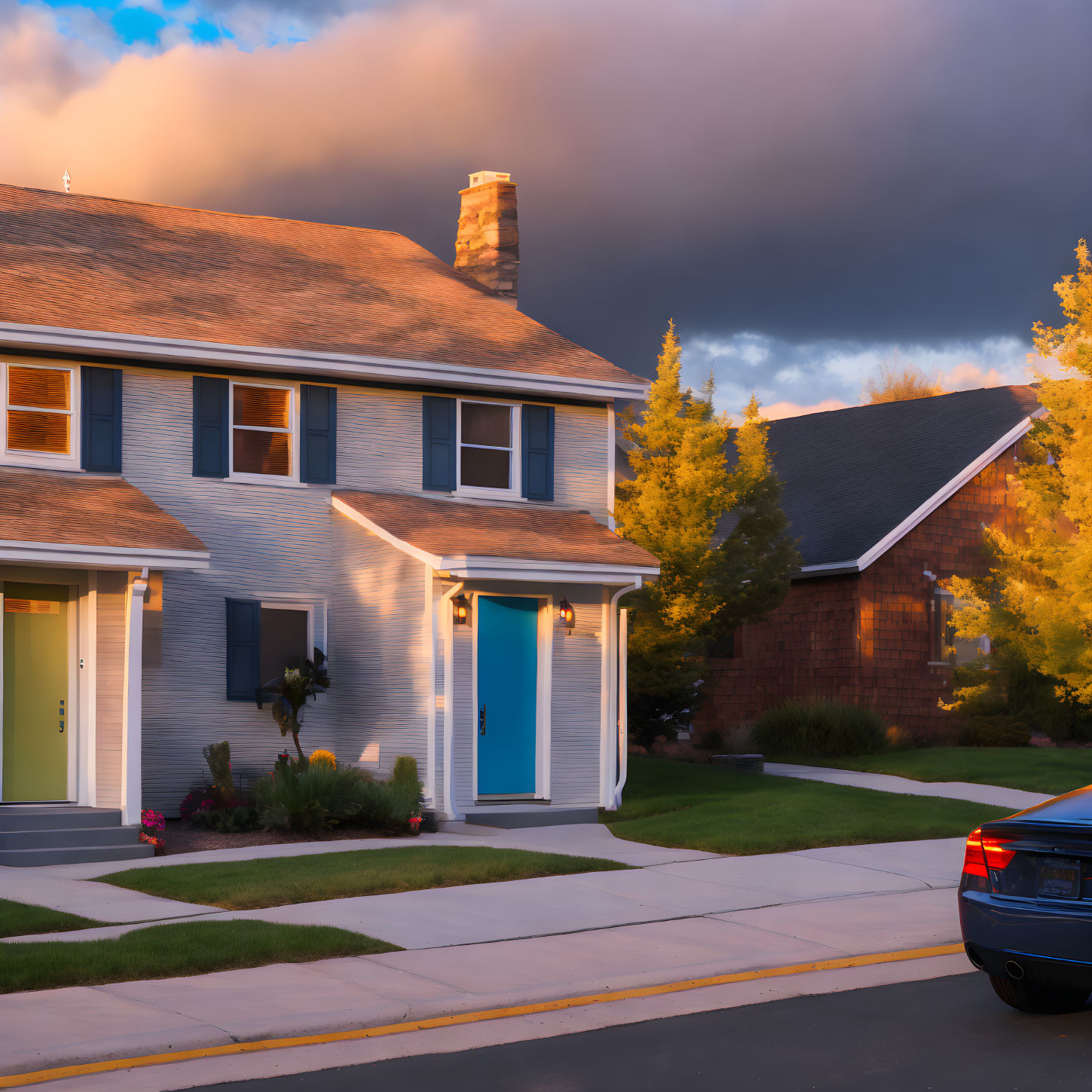 Suburban House with Blue Door, Evening Sky, Greenery, and Parked Car