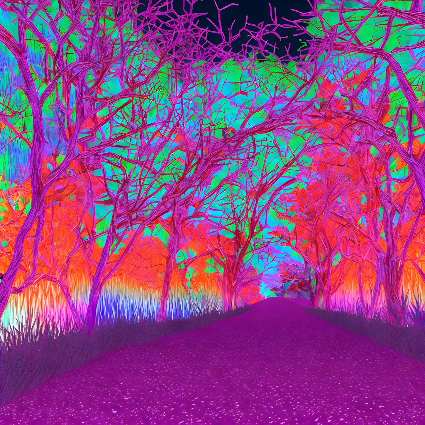 Colorful digital art: Whimsical forest path with psychedelic hues