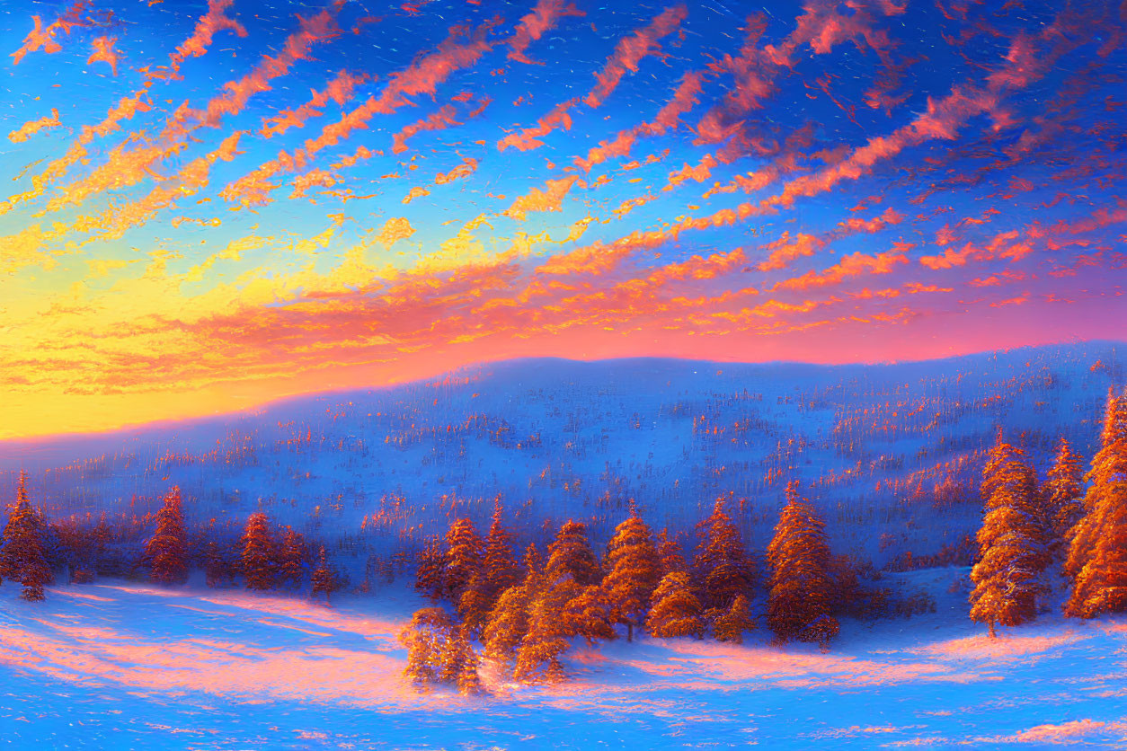 Scenic pink clouds at sunset over snowy landscape