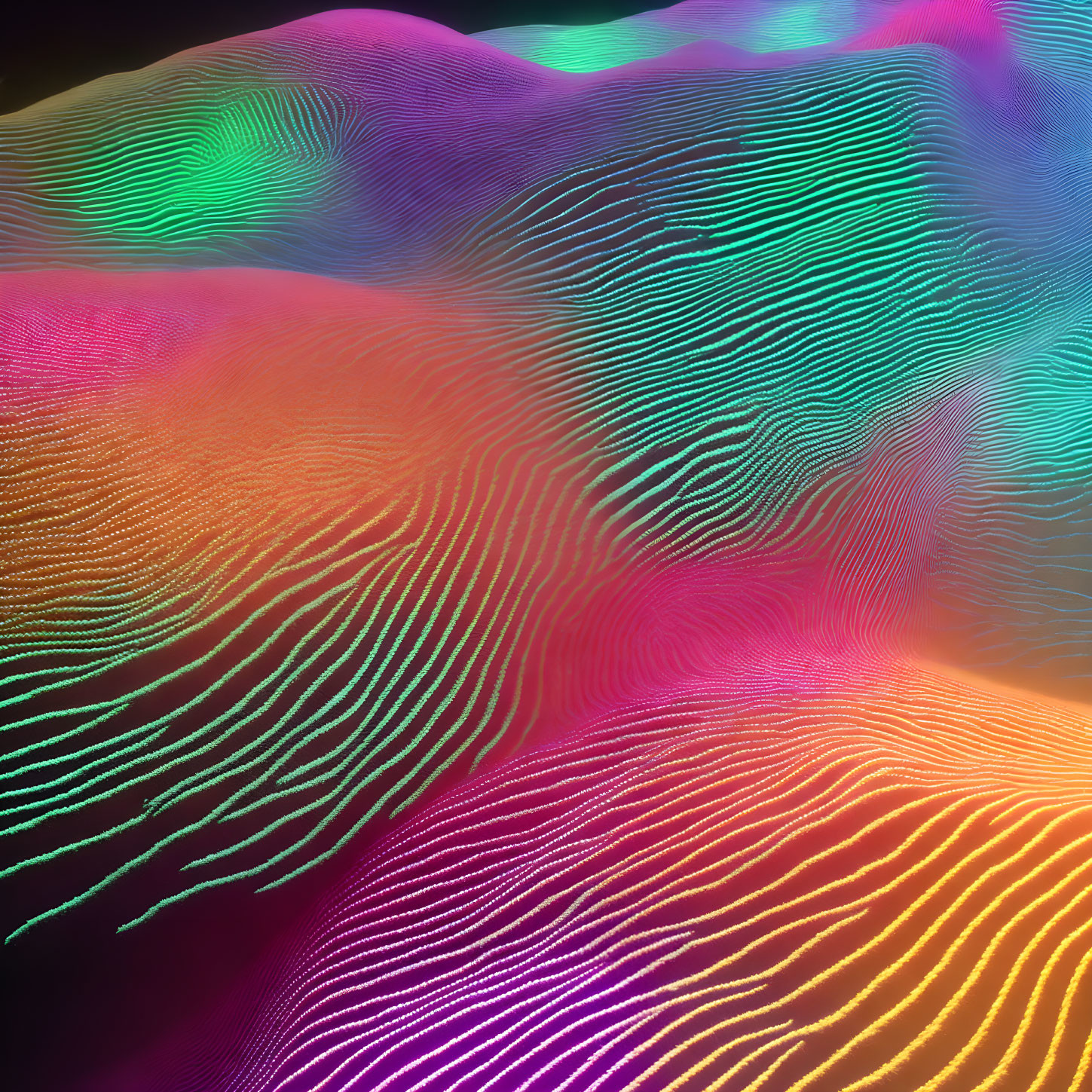 Neon-colored abstract digital wave pattern on dark background