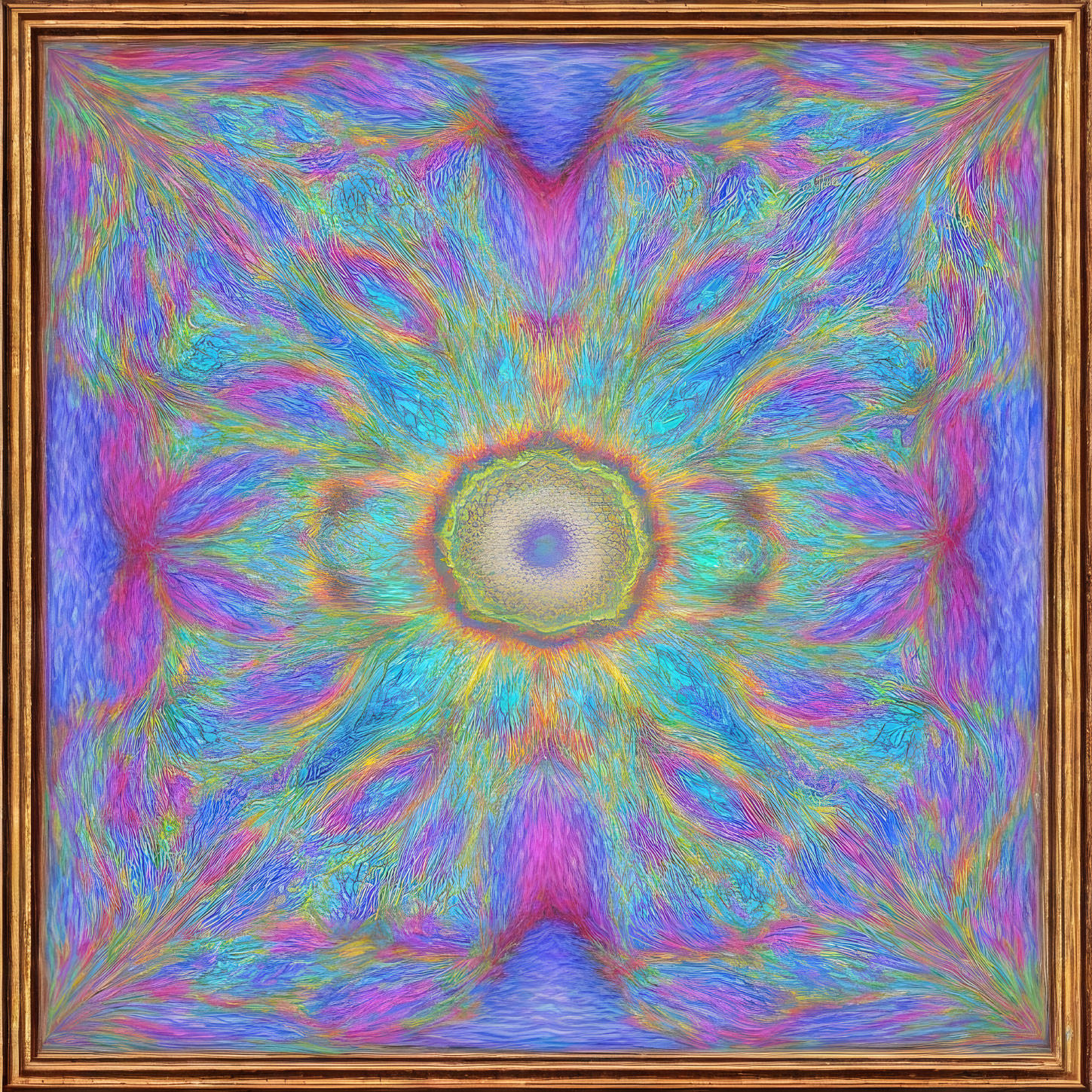 Colorful Digital Kaleidoscope Artwork with Blue, Pink, and Yellow Symmetry