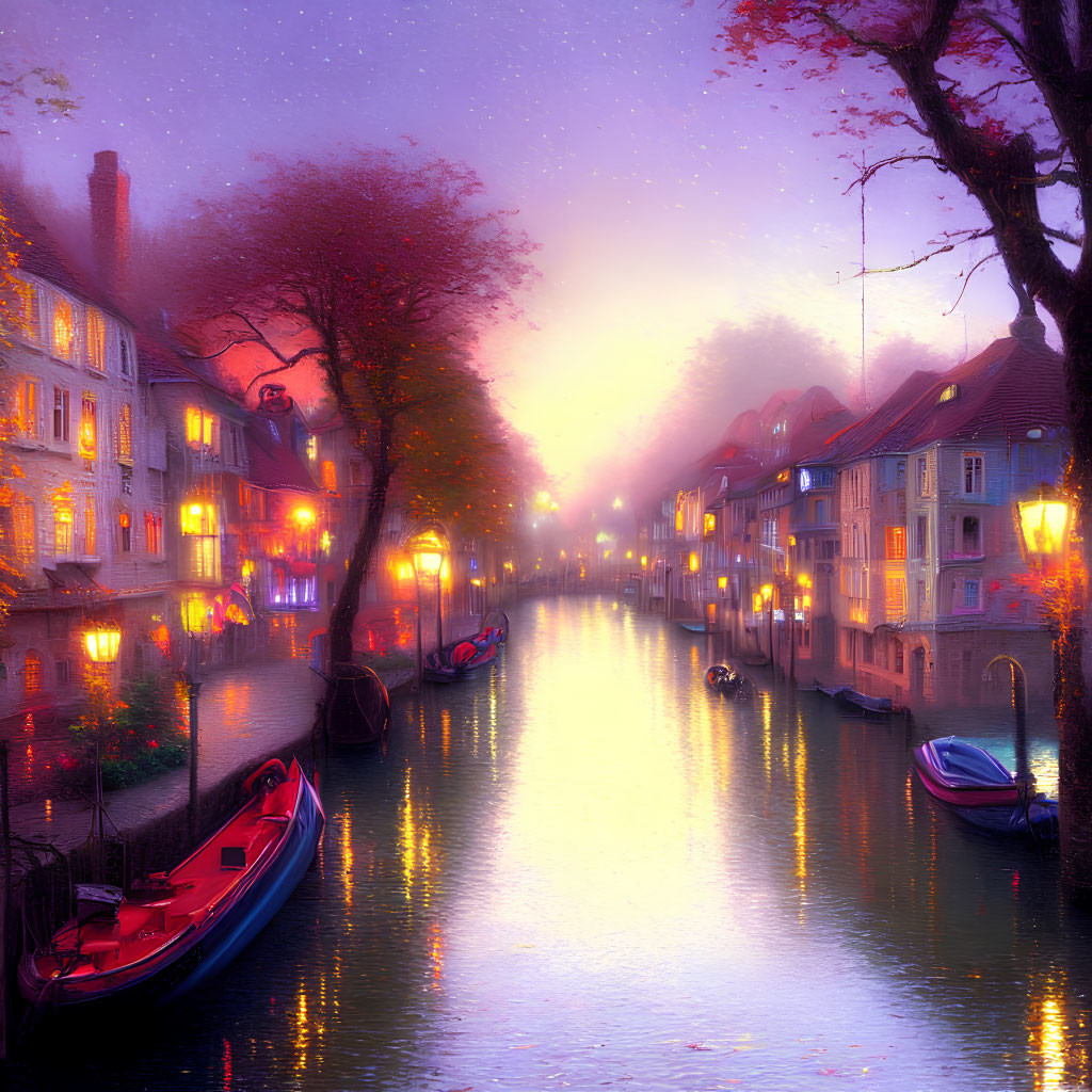 Canal with Old Houses and Boats Under Twilight Sky