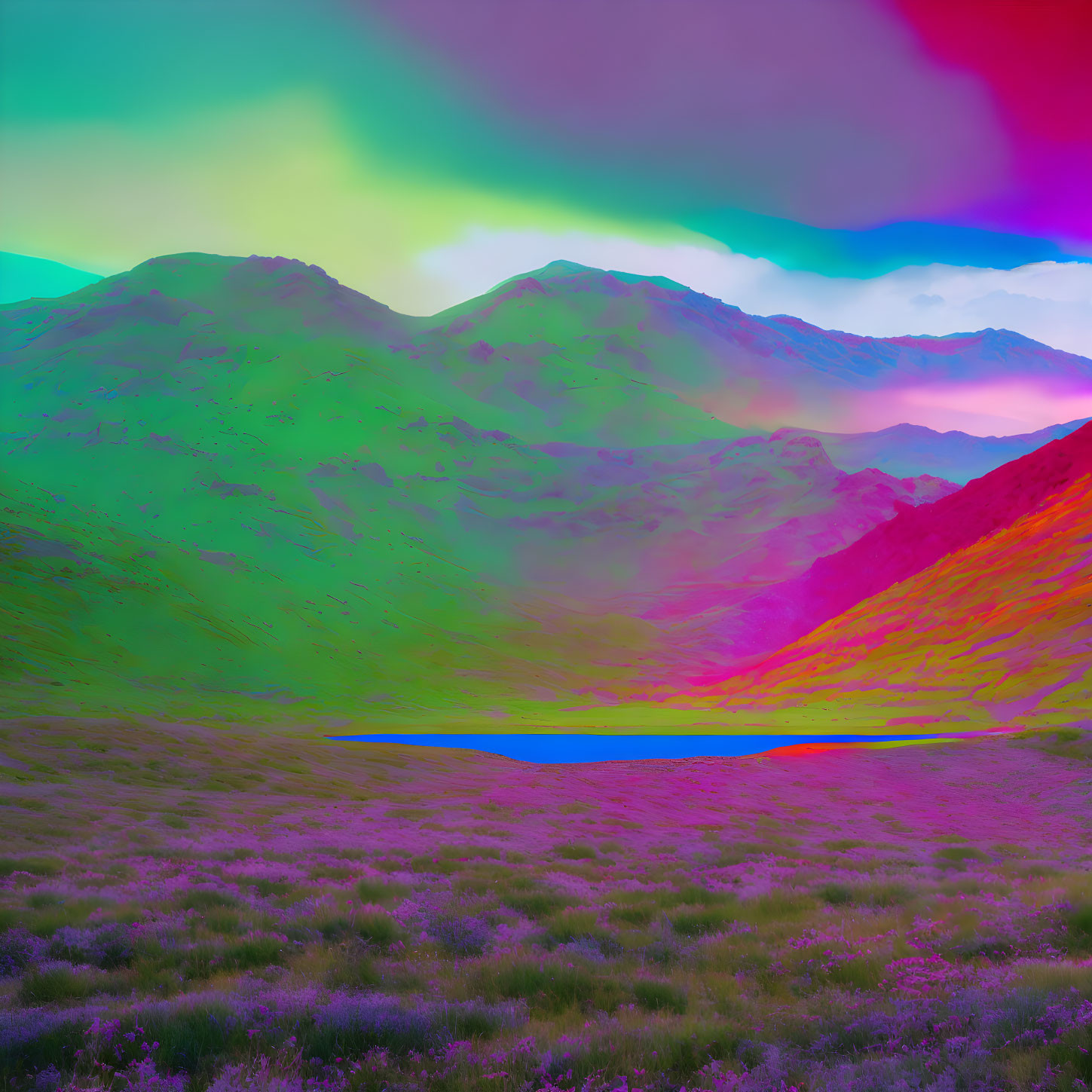 Surreal landscape with mountains, lake, and rainbow gradient filter