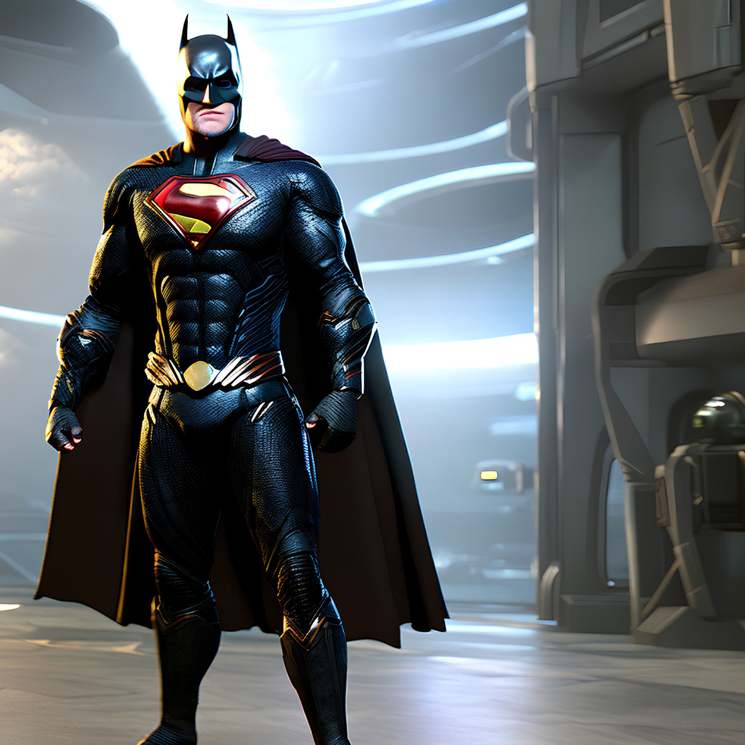 Futuristic Batman with Superman logo in digital art