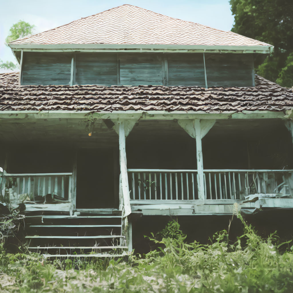 Weathered Two-Story House with Overgrown Vegetation and Dilapidated Porch