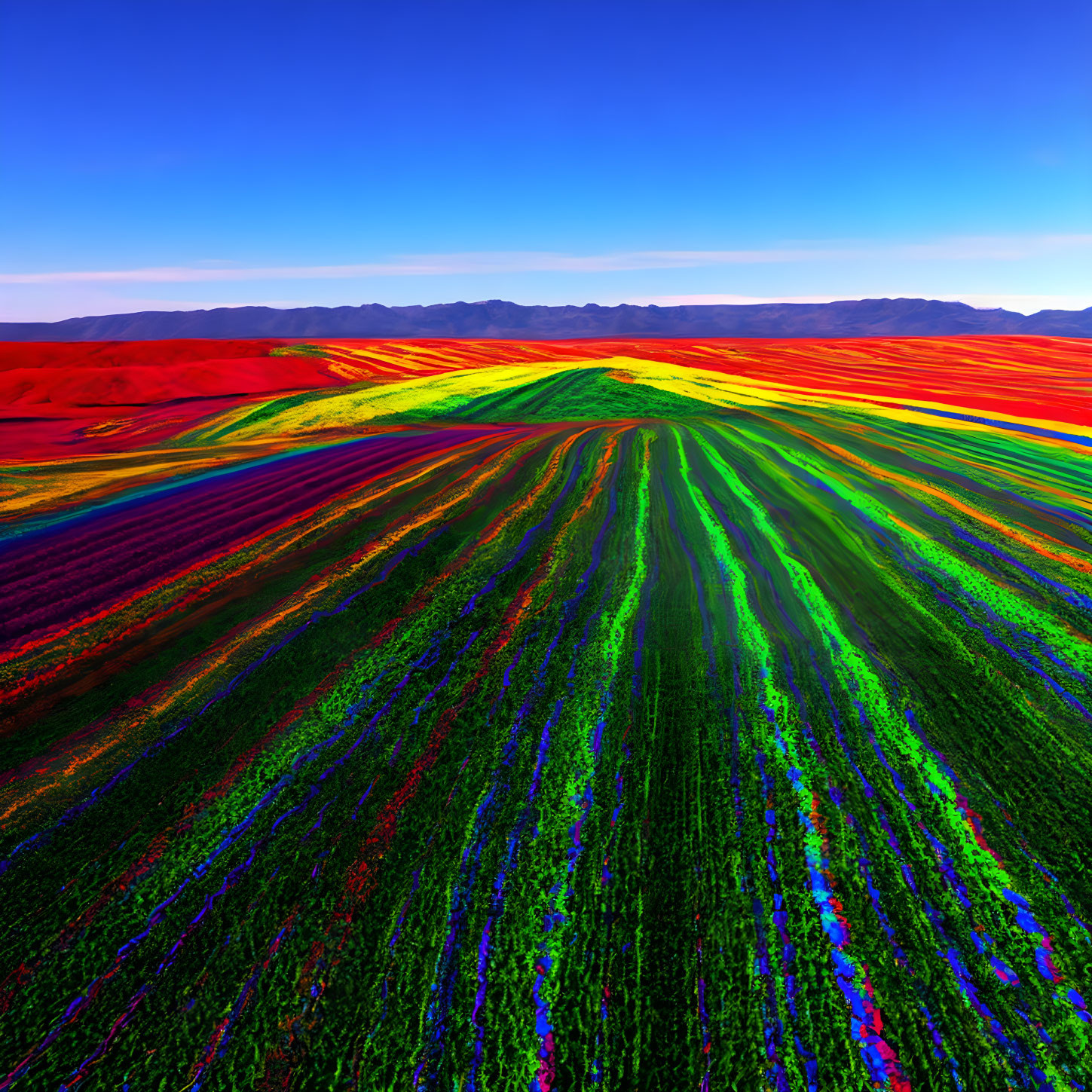 Colorful Flower Fields and Red Mountains Under Blue Sky