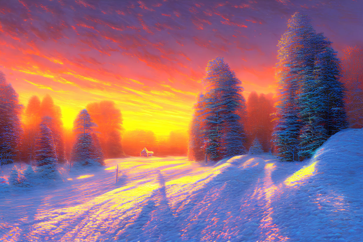 Winter sunset with fiery clouds over snow-covered landscape and glowing house