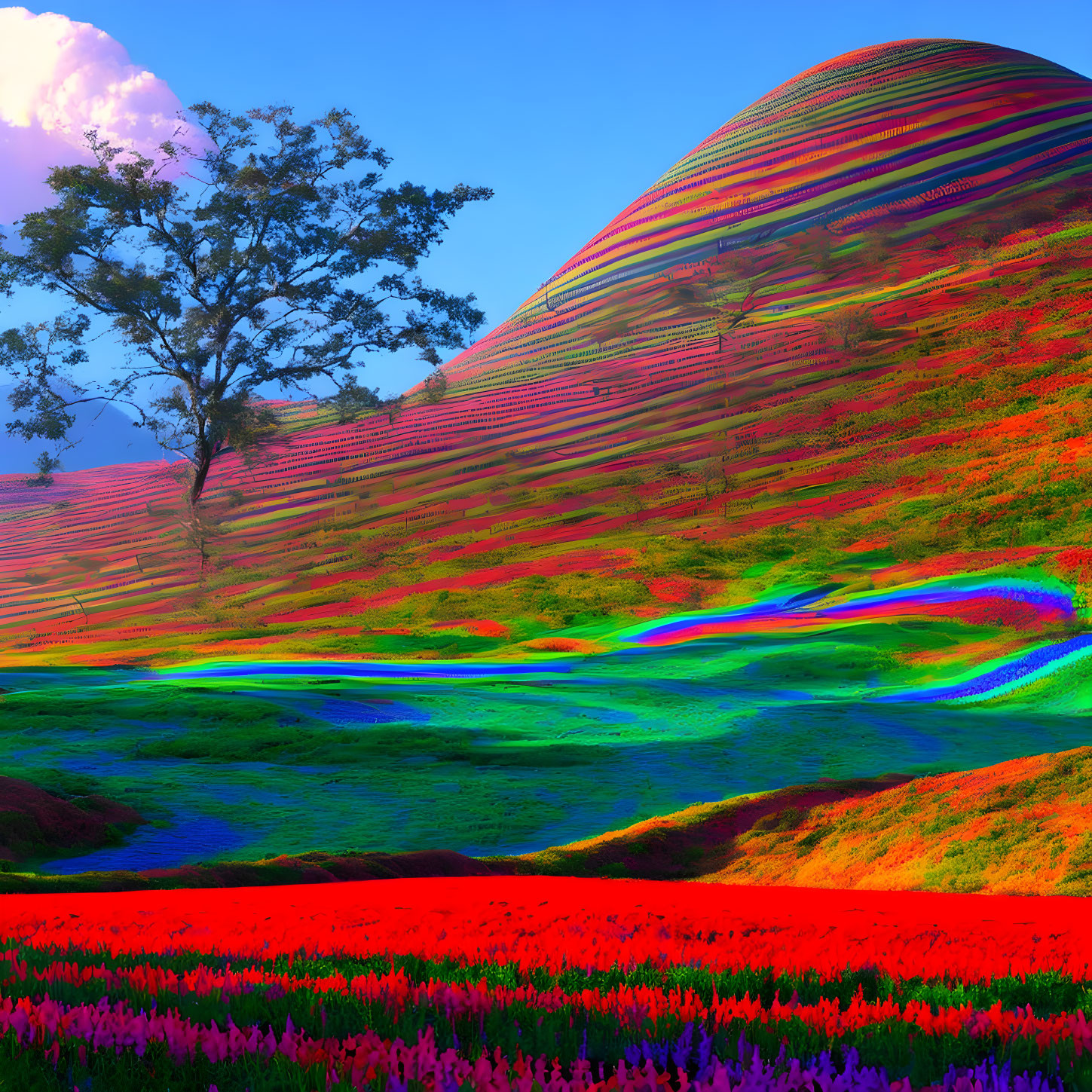 Colorful surreal landscape with rainbow hills, tree, red flowers, and blue sky