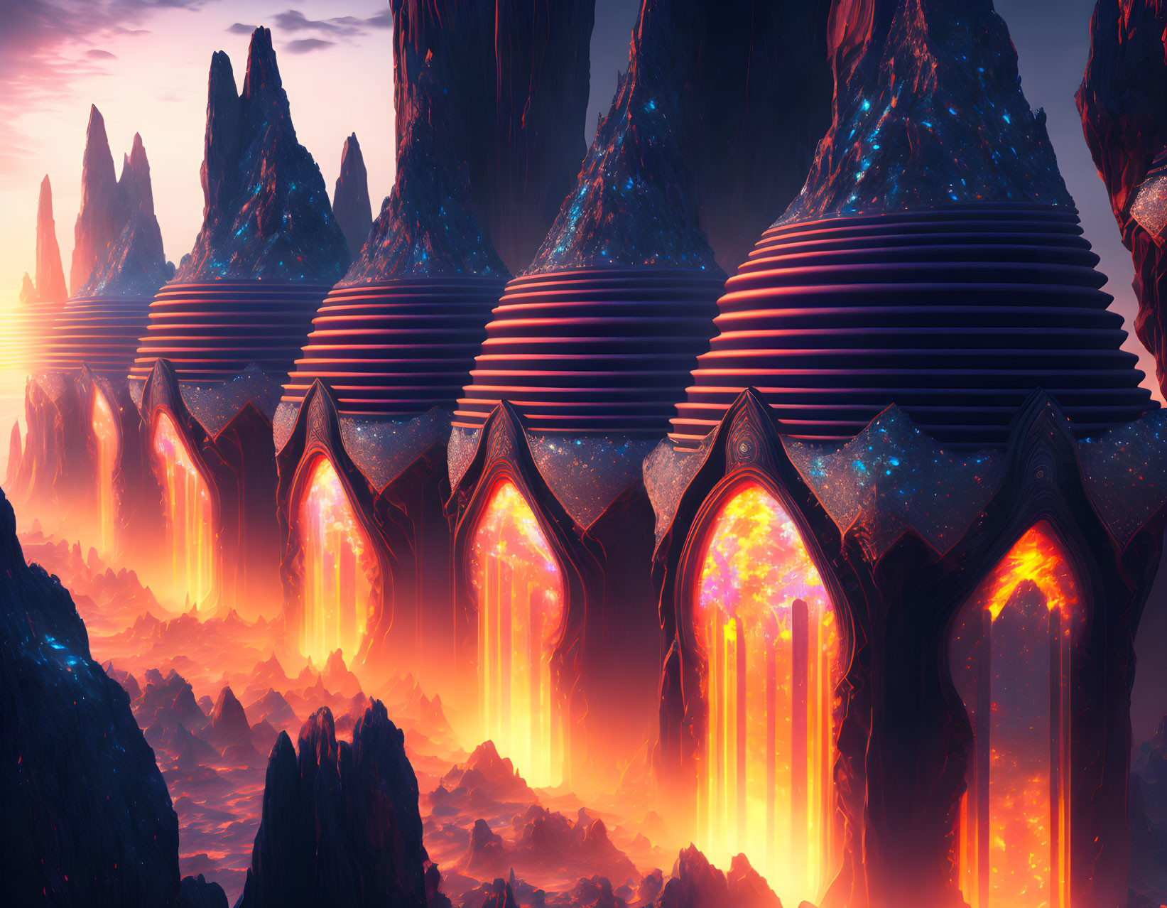 Fantastical landscape with glowing lava, black spires, and star-infused arches