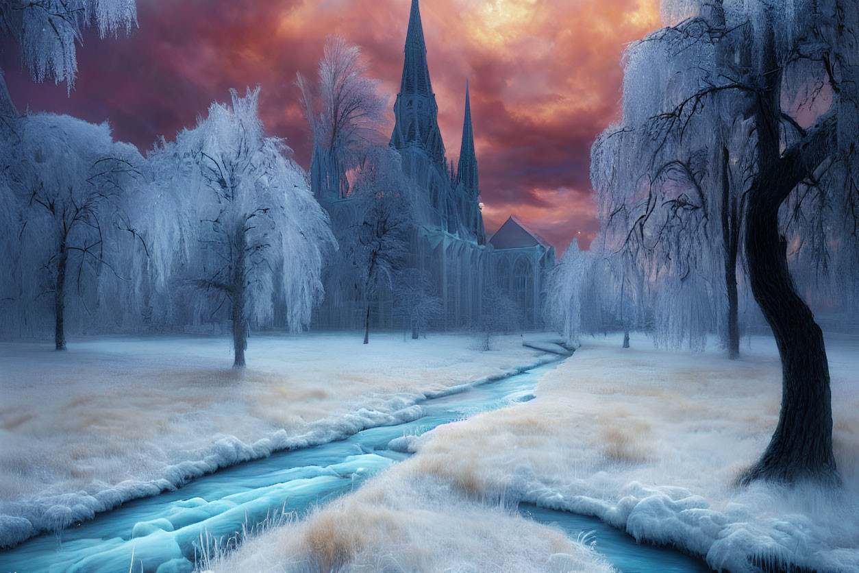 Frost-covered trees, frozen stream, old church in snowy landscape