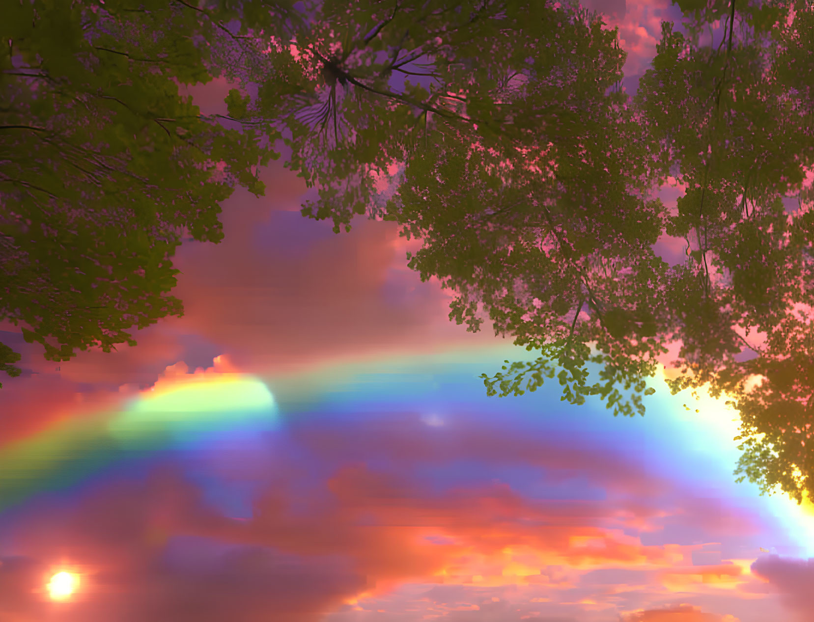 Colorful sunset sky with rainbow and tree silhouettes